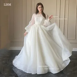 LISM Elegant Organza Wedding Dresses O-Neck Long Puff Sleeves Prom Dress A-Line Floor Length Princess Pearls Bridal Gowns