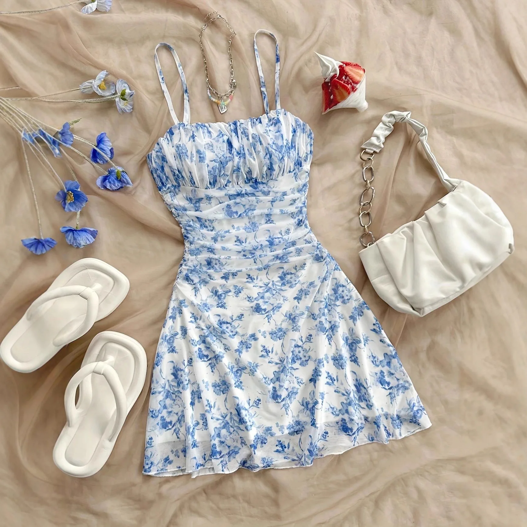 

2026 летнее новое женское платье с принтом, утягивающая юбка трапециевидной формы на бретельках