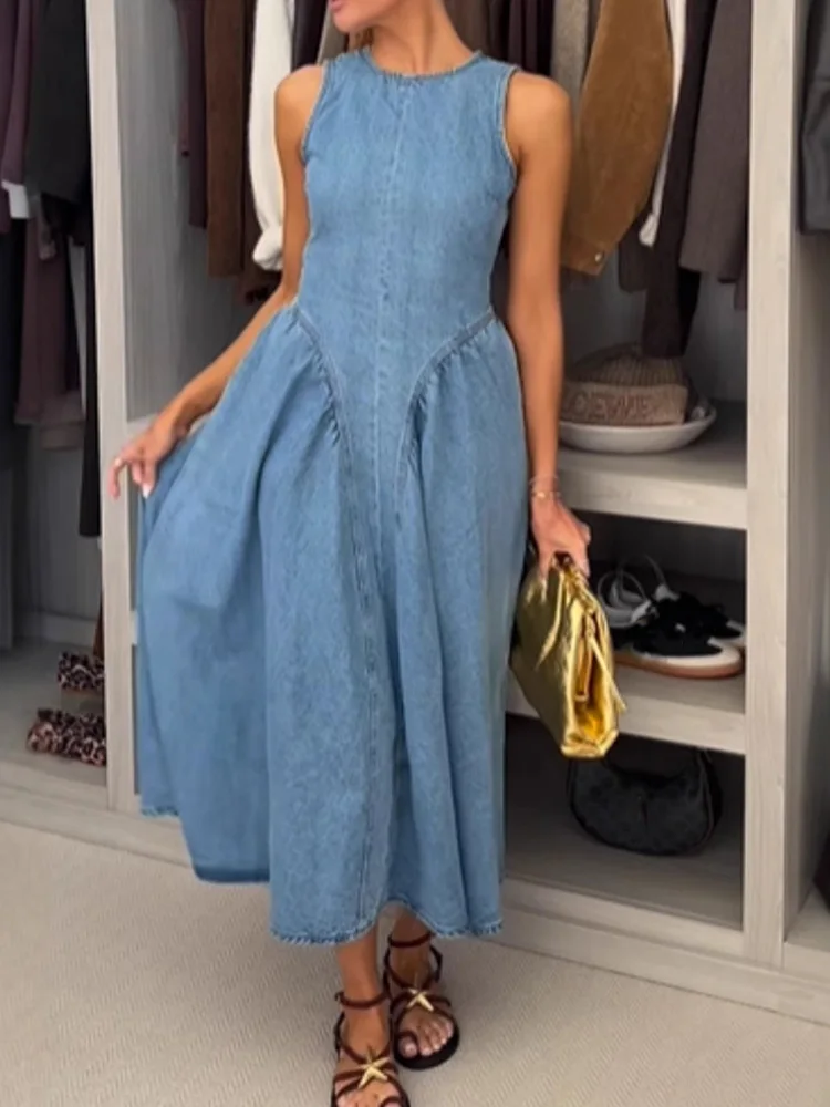 

New Solid Patchwork Simple Chic Party Dress, Spring Summer Women Round Neck Fashion Maxi Dress, Sleeveless Elegant Ladies Dress