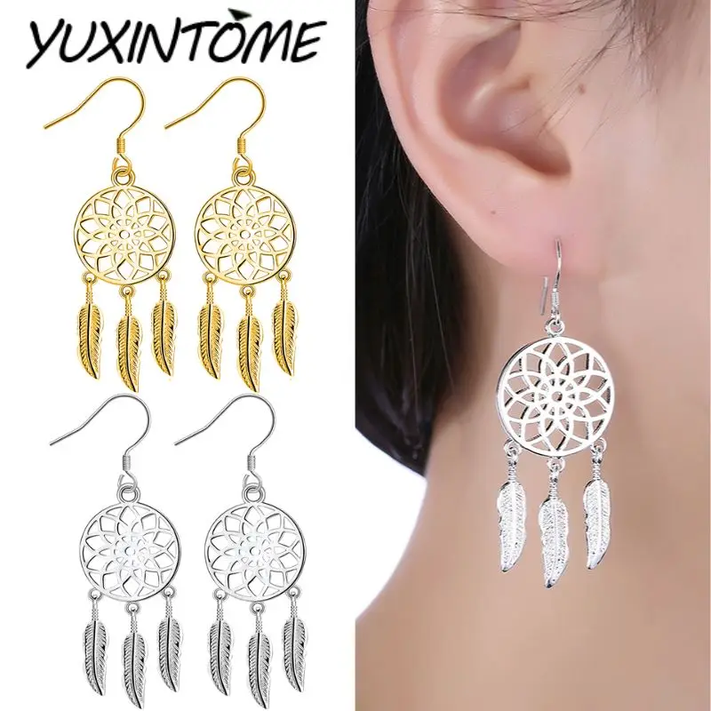 

925 Sterling Silver Needle Classic retro round hollow tassel feather pendant ear hooks Women's elegant fashion jewelry Gifts