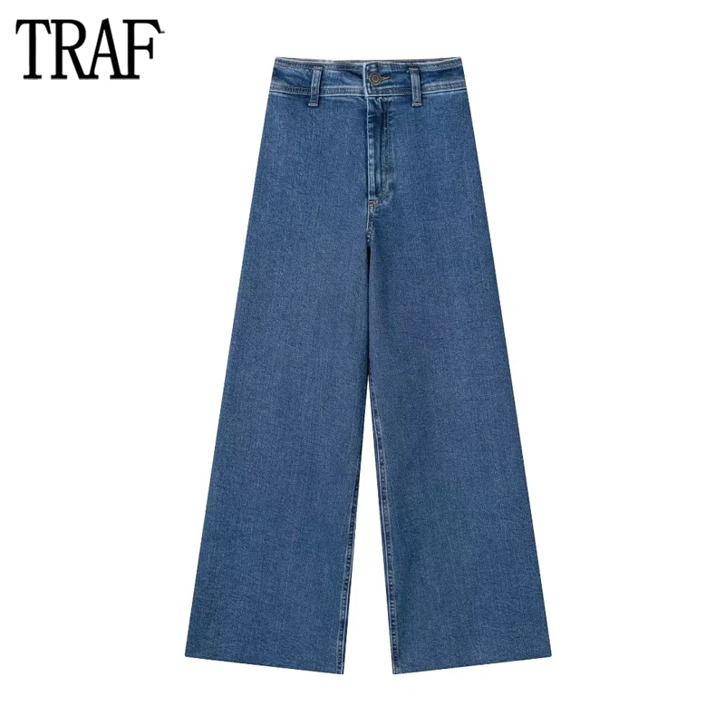 TRAF 2024 Denim Jeans for Women Marine Blue Baggy Jeans Woman Frayed High Waist Jeans Pants Women Y2K Streetwear Women\'s Jeans