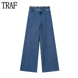 TRAF 2024 Denim Jeans for Women Marine Blue Baggy Jeans Woman Frayed High Waist Jeans Pants Women Y2K Streetwear Women's Jeans