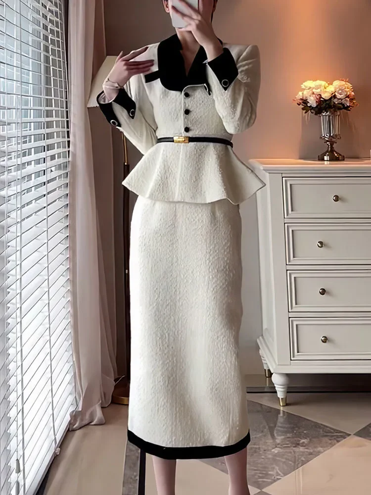 Nmzm Elegante Witte Gesplitste Kraag Single Breasted Lange Mouw Vergelijkingsriem Dames Ruches Jas Rok Tweedelige Set