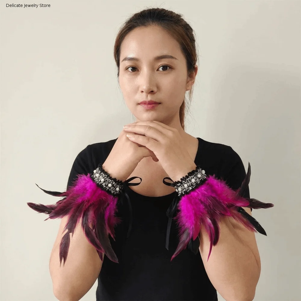 Elegant Lace Feather Wrist Cuffs Adjustable Lightweight Plume Bracelet Pearl Fluffy Wristband Themed Party