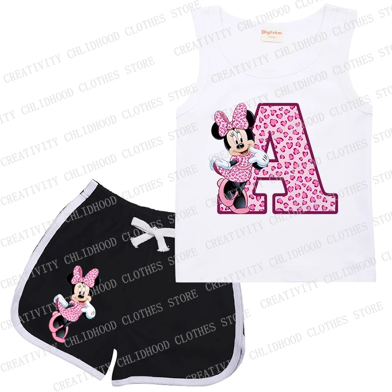 Minnie Children Suit Letter A B C D Name Combination Kids Girl Boy Vest & Shorts Casual Clothes Cartoons Sleeveless Sports Sets