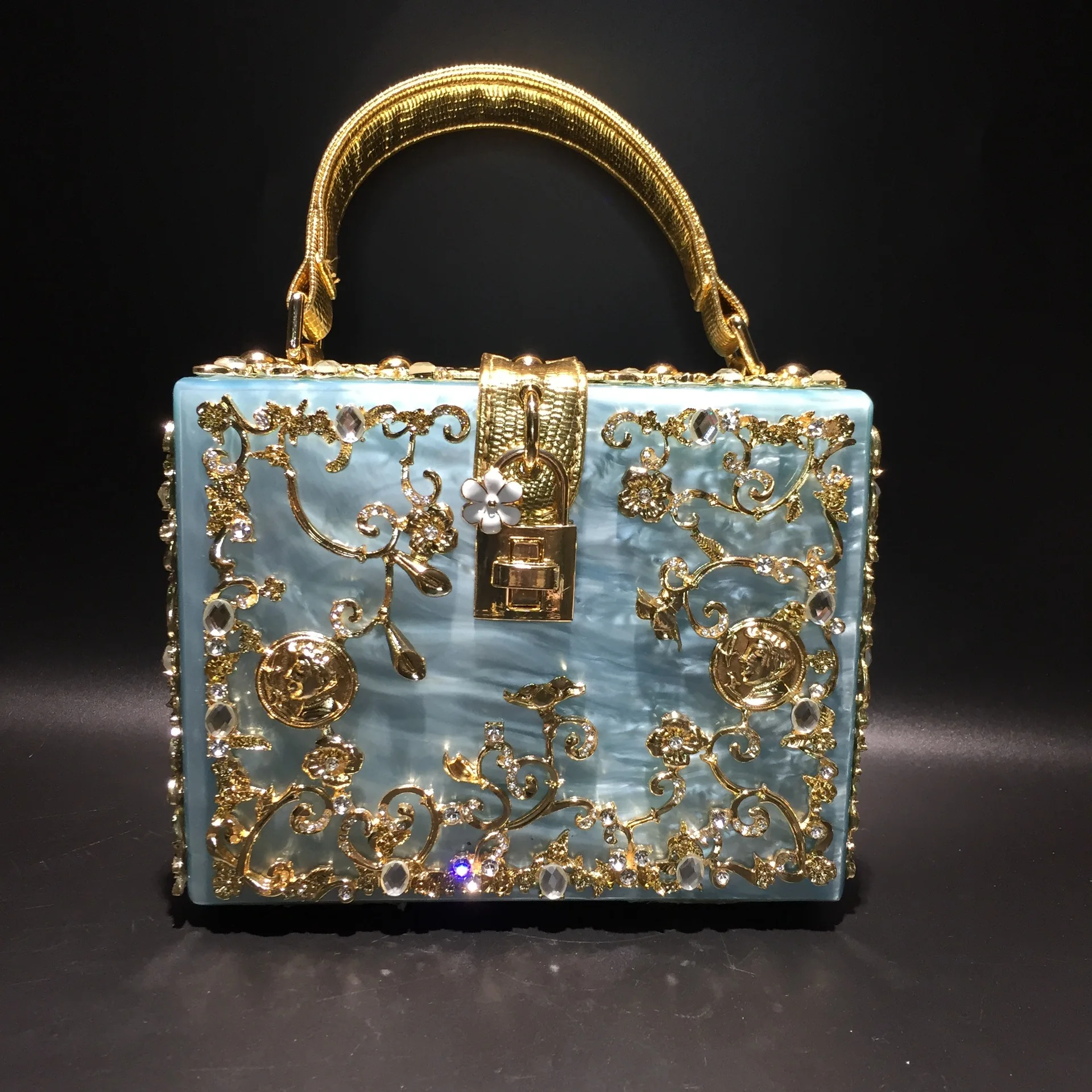 Acrylic banquet bag, hollow metal carving with diamond inlay, handbag, single shoulder, sloping back for ladies