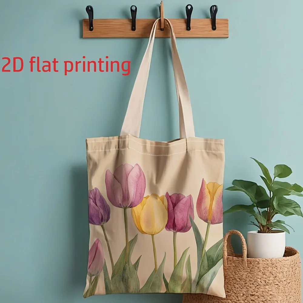 A Tulip pattern printed canvas tote bag, suitable for daily use, shopping, school, and travel