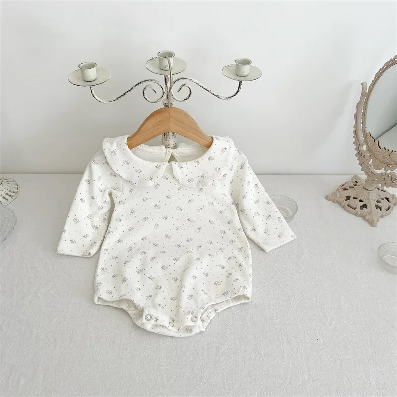 2024 Autumn New Baby Long Sleeve Bodysuit Newborn Cotton Peter Pan Collar Jumpsuit Solid Infant Girl Clothes Toddler Onesie