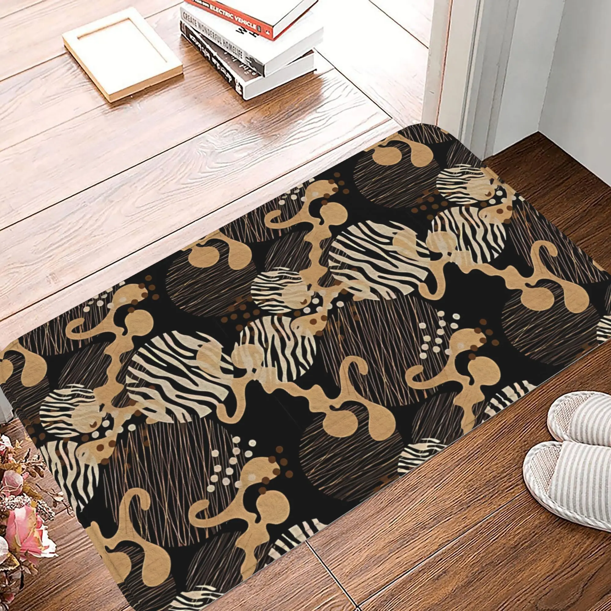 Zebra Print and Abstract Motif Doormat Black Beige Printed Polyester Machine Washable Entrance Floor Mat 80x50cm