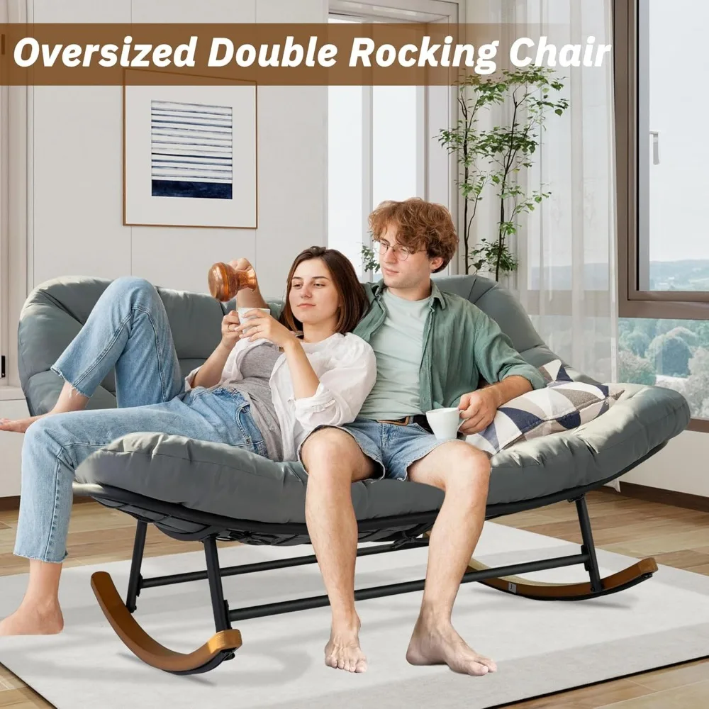 흔들의자 Papasan 의자, 2인용 실내 및 실외용 파티오 흔들의자, 두꺼운 쿠션과 강철이 있는 대형 흔들의자