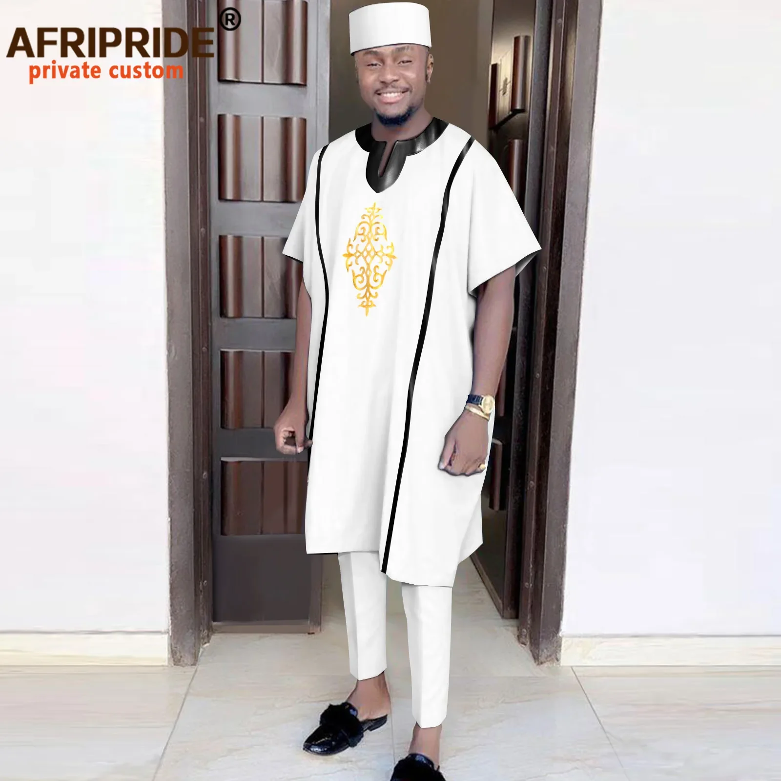 Bazin Riche African Traditional Clothing for Men Tracksuit Short Sleeve Shirts Pants and Tribal Hat 3 Piece Outfits A2216101