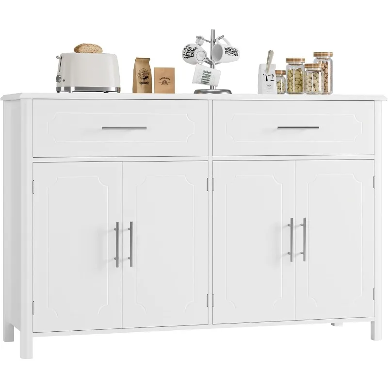 Buffet Sideboard with Storage, White Coffee Bar Cabinet, Modern Kitchen Buffet Storage Cabinet with 2 Drawers and 4 Doors