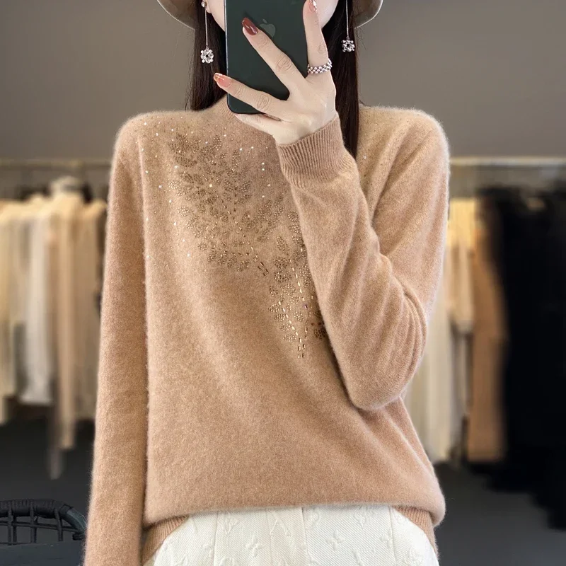 High Collar Wool Sweater Women\'s Rhinestone Loose Pullover Autumn And Winter Chic Long Sleeve Top Knitted Solid Color Turtleneck