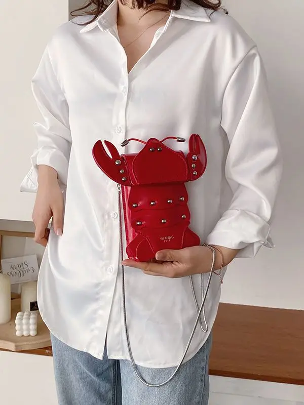 Funny Crayfish Shape Pu Shoulder Bag For Women Summer Red Phone Bag Girls\' Chain Small Crossbody Bag