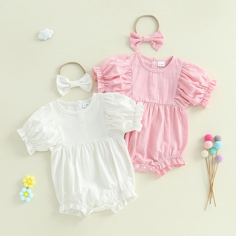 

0-18M Infant Baby Girl Summer Outfits Casual Short Sleeve Round Neck Solid Color Romper with Headband 2pcs Sets Newborn Clothes