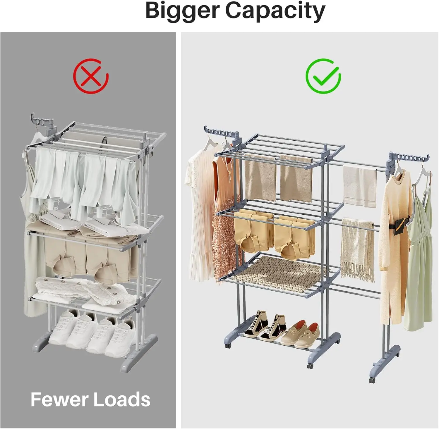 Foldable Drying Rack Clothing 30.0"W to 59.0"W Extensible Laundry Racks for Drying Clothes Oversized 4-Tier Stainless Steel