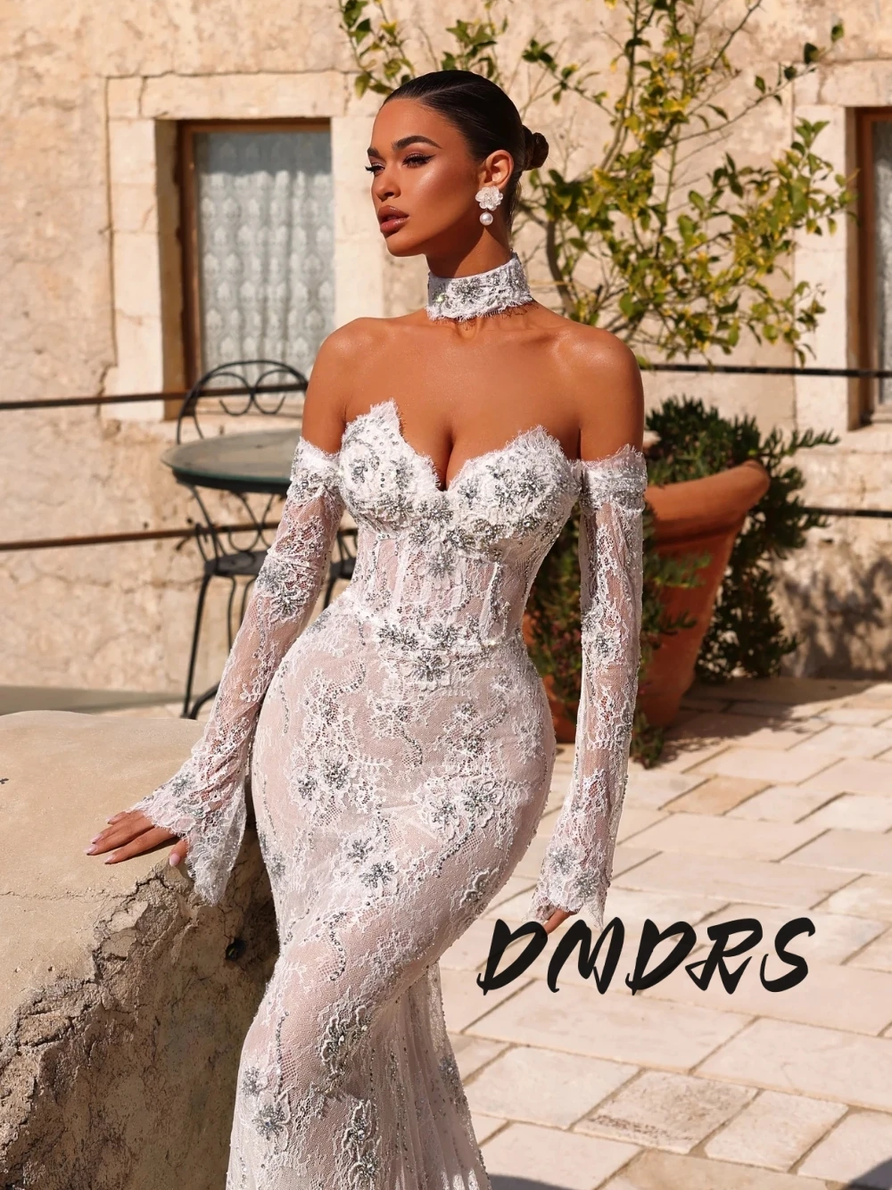 

DMDRS Classic Off Shoulder Beaded Wedding Dress Glamorous Lace Mermaid Corset Bodice Customized Women Modern Bride Wear