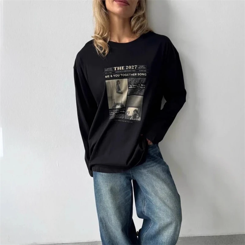 순수 코튼 긴팔 셔츠 프렌치 스트리트 레트로 레터 그래픽 얇은 스웨트셔츠 여성용 우아한 가을 데이트 나이트 선물
