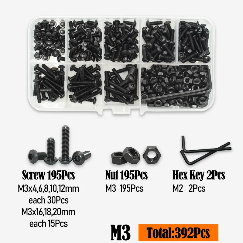 2510-teiliges Rundkopfschrauben-Set M2 M2.5 M3 M4 M5 M6 Schwarz 10.9 Güte Innensechskant-Kopfschrauben Bolzen Muttern Unterlegscheiben ISO7380