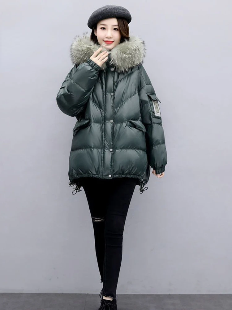 Winter Big Fur Collar 90% White Down Duck Snow Parka Hooded Winter Down Coat Women 90% White Duck Down Jacket Thick Warm Parkas