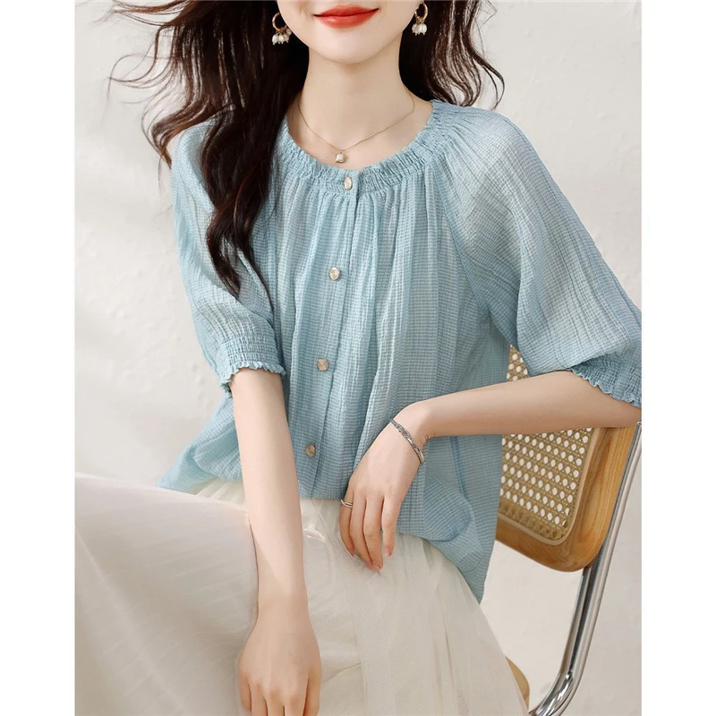 Women\'s Clothing Summer Trendy Chic Elegant Button Up Shirt Casual Short Sleeve Sweet Blouse O Neck Loose All Match Tops Blusas