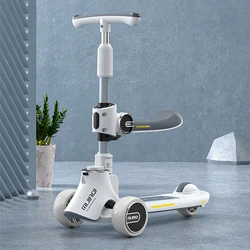 Scooters de pontapé dobráveis com assento para crianças, altura ajustável, placa de música, rodas piscando, scooter para meninos e meninas, 1 a 12 anos