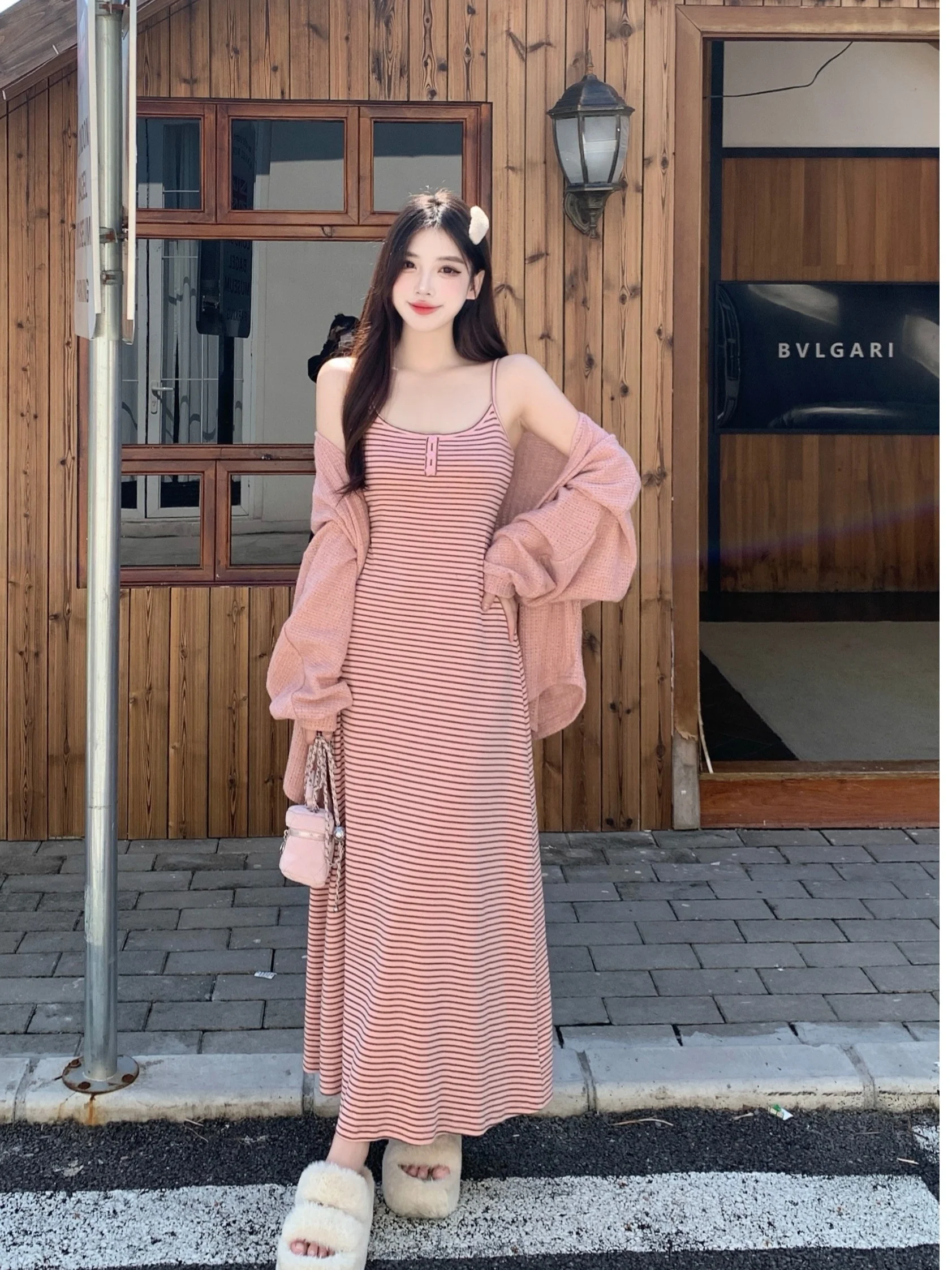 Vestido largo de talla grande para mujer, rosa a rayas, corte A, con cinturón, efecto adelgazante, cintura alta, ideal para otoño e invierno, nuevo, elegante y cómodo para el día a día.