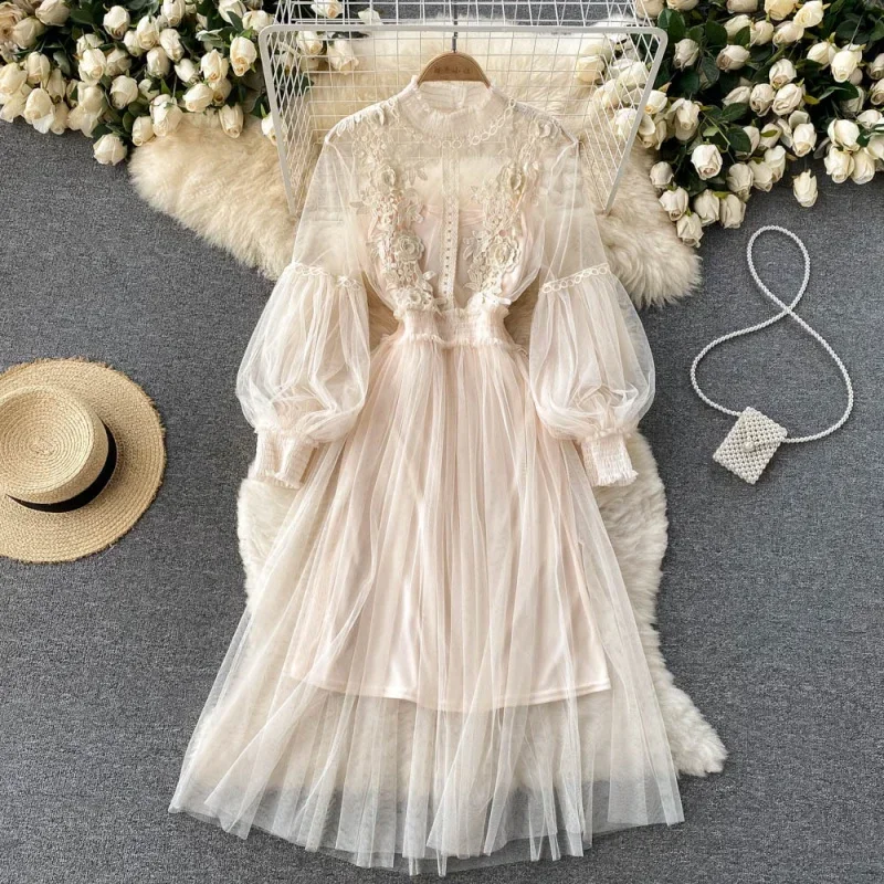 

New Lace Flower Mesh Dress Summer Lantern Sleeve White Long Dresses For Women Party Vintage Elegant Dress 2 Piece Sets