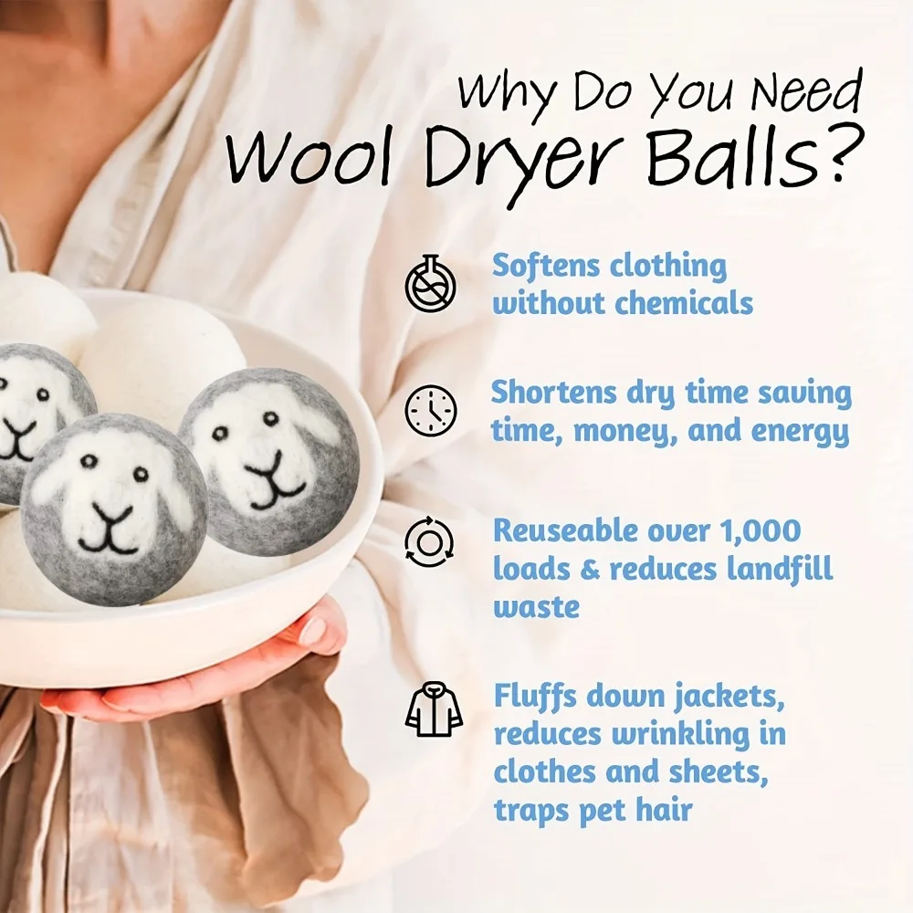 3pcs Organic Wool Dryer Balls Reusable Natural Fabric Softener for Laundry Grey Sheep Laundry Balls for Dryer Reduce Drying Time