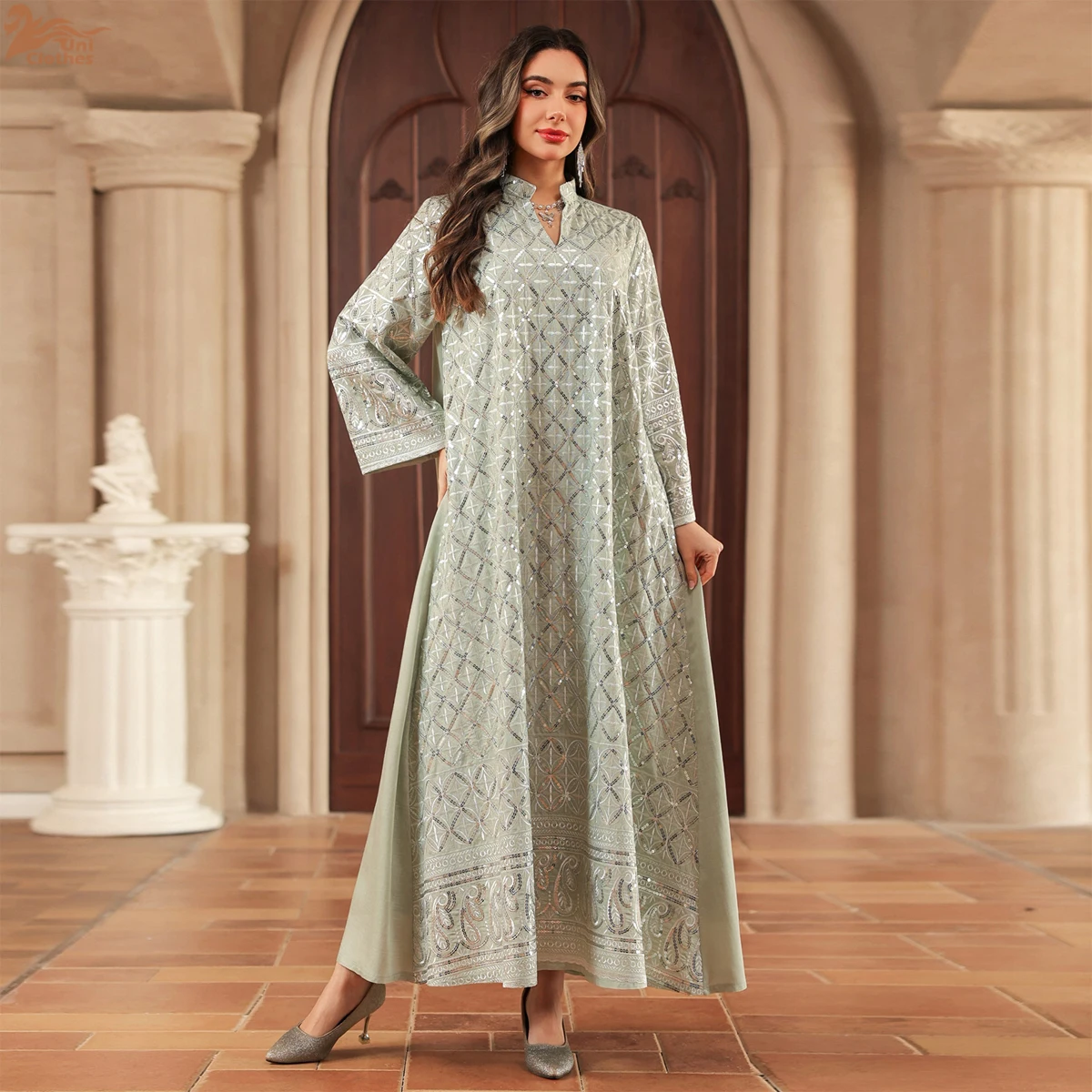 

Роскошное платье макси с вышивкой пайетками, мусульманское, с V-образным вырезом, стильная абайя, марокканский кафтан, элегантная повседневная одежда из Дубая