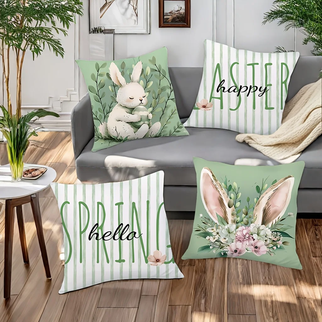 

4Pcs Easter Bunny Pillow Covers - Modern Washable Polyester Cushion Covers with Zipper for Sofa & Living Room Decor