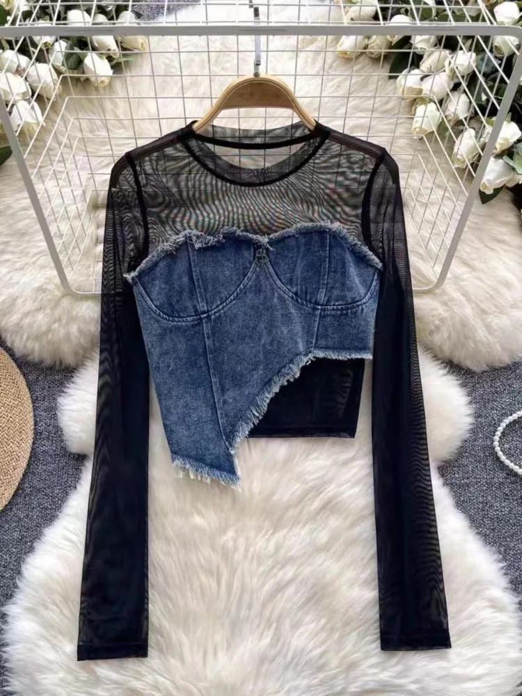

Сетчатая джинсовая футболка для женщин, модные новые топы ранней осени, Mujer, простая универсальная повседневная черная рубашка, укороченная футболка в стиле пэчворк