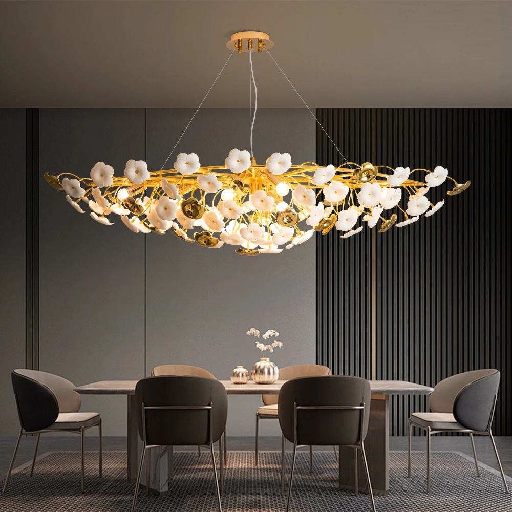 

Luxury Ceramics Long Pendant Lights Living Room Ceramics Lampshade Pendant Chandeliers Room Decor Gold Led Ceiling Chandelier