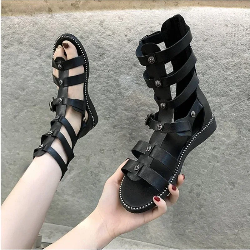 Ladies Sandals, Roman Style, Rivet Cutout Back Zip  Versatile Fashion Casual Sandals 2024 New Summer