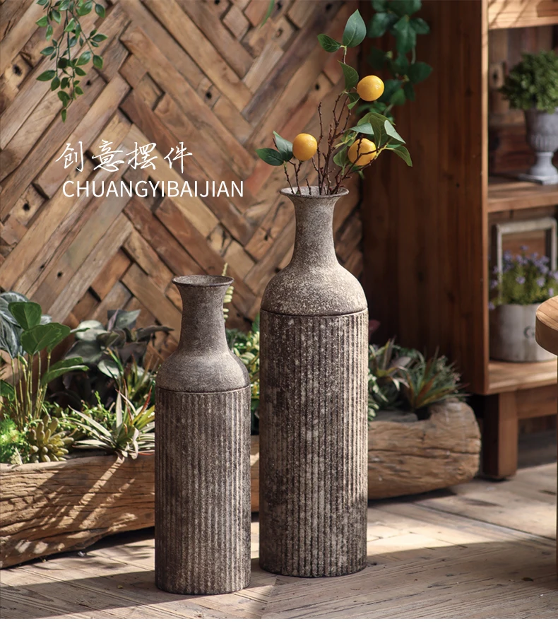 Two-Piece Set of Vintage Distressed Metal Vases with Rustic Ribbed Texture, High Floor-Standing Vases in Wabi-Sabi Style, Textured Gray Iron Vases for Entryway, Living Room, Farmhouse Home Decor