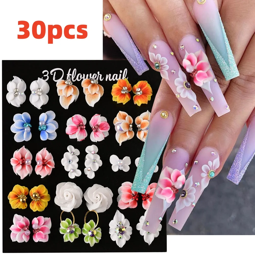 30/10 stuks 3D handgemaakte acryl bloem nagelbedels met strass- en kristal gesneden stickers DIY manicure handgemaakte nageldecors *