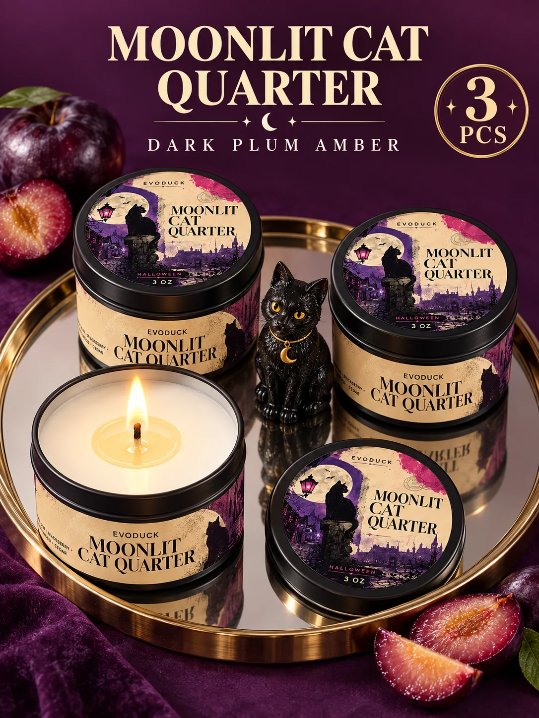 1/2/3pcs Halloween Scented Candle Dark Plum Amber 3oz Black Tin Candle Gothic Black Cat Moon Fruity Amber Fragrance Candles for Bedroom Nightstand Mantel Spooky Home Decor Halloween Party Decorations Gifts for Cat Lovers Women