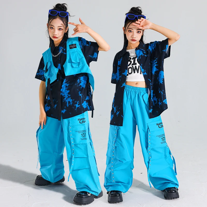 Ragazzi Hip Hop T-shirt a contrasto Gilet blu Pantaloni della tuta Ragazze Street Dance Jazz Costume Abbigliamento per bambini Set Bambini K-pop Streetwear