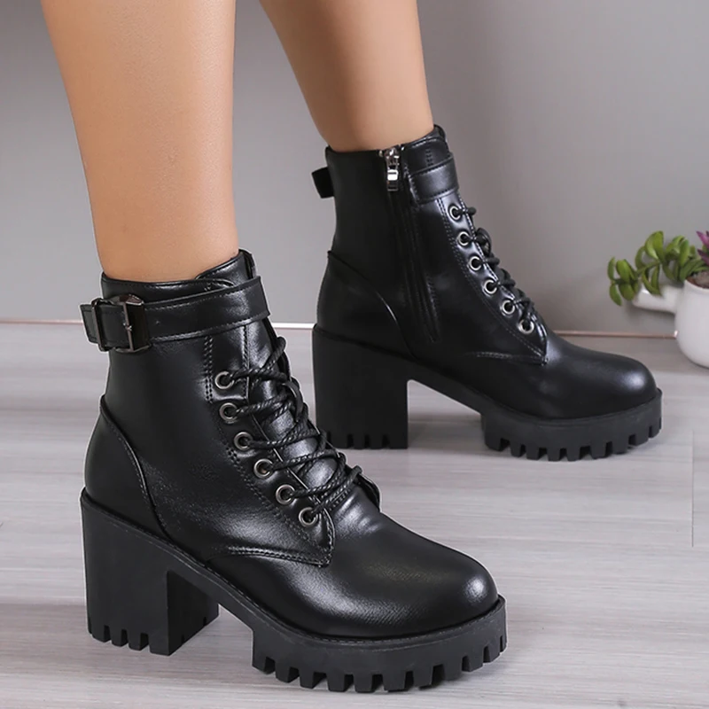 Women\'s High Heels Ankle Boots for 2023 Black PU Leather Platform Short Boots Woman Side Zipper Thick Heeled Punk Botas De Mujer