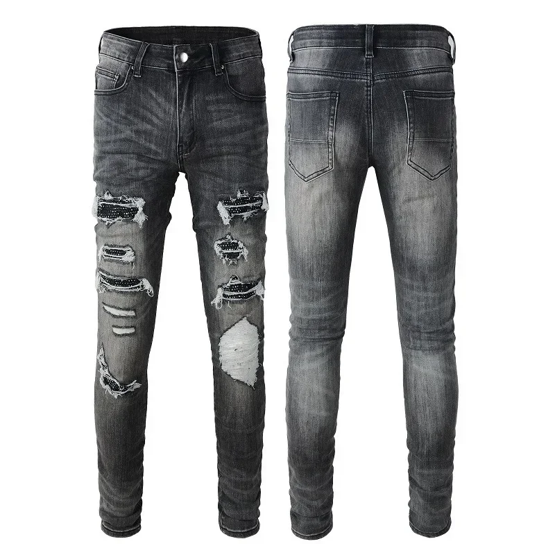 

Four Seasons New Fashion Men's Trendy Hole Skinny Black Jeans Trousers Elastic Casual Slim High Street Straight Denim Pants Male