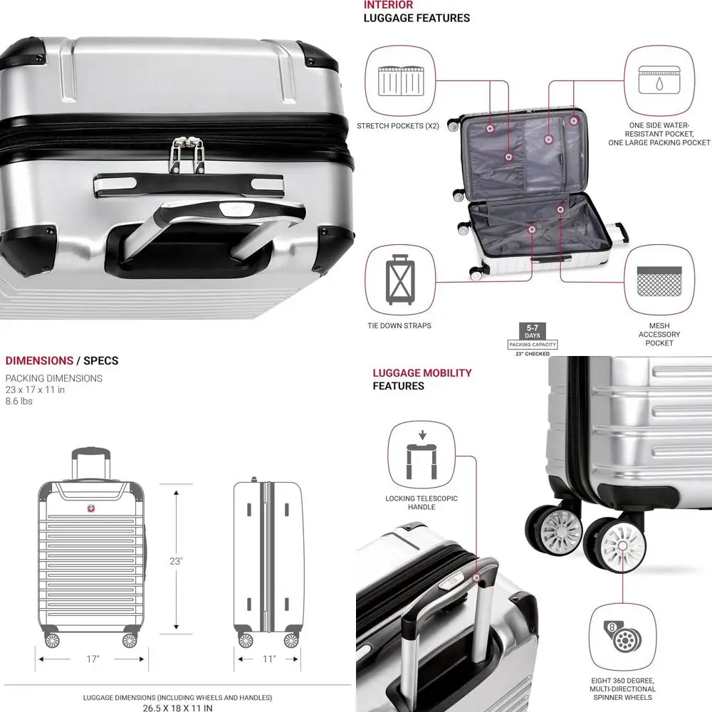 

SwissGear 7782 Средний серебристый твердый багаж с вращающимися колесами, расширяемый 24