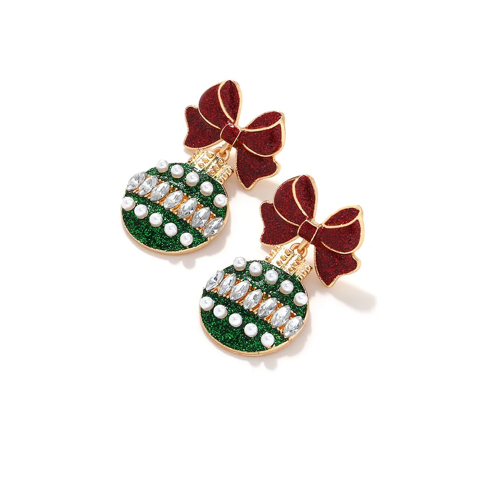 Monkton New Christmas Drop Earrings for Women Red Green Bowknot Colorful Rhinestone Bow Cute Disco Ball Earring