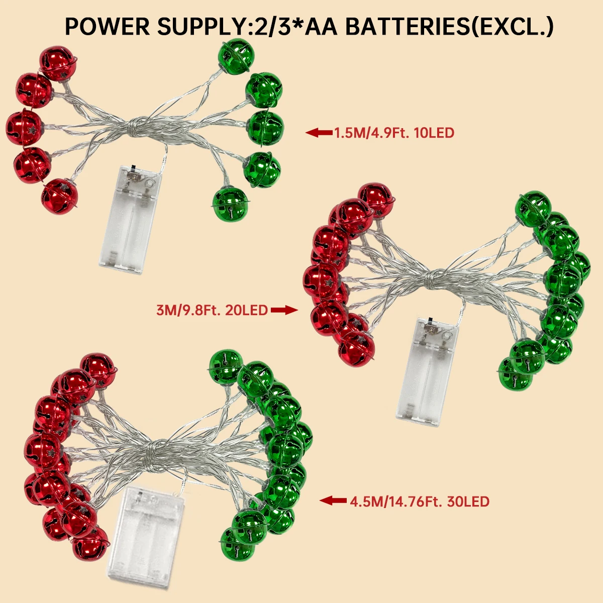 1pc Christmas Red Green Bells String Lights Hanging Garland Decorative Lamp Battery Powered For Home Bedroom Fireplace Decor