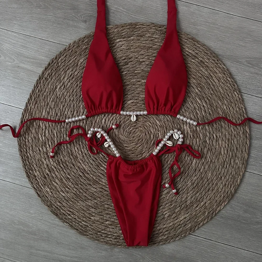 

2025 New Solid Color Beach Bikini European and American Sexy Marine Elements Halter Swimsuit Girls Swimwear Купальники