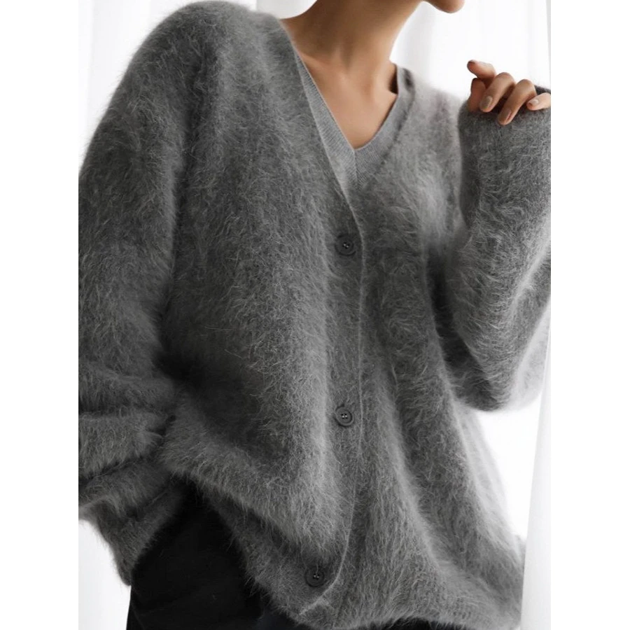 

Loose Long Sve V-Ne Knitted Mink Sweater Coat Women Autumn Winter Lazy Sle Button Detail Color Faion Outerwear