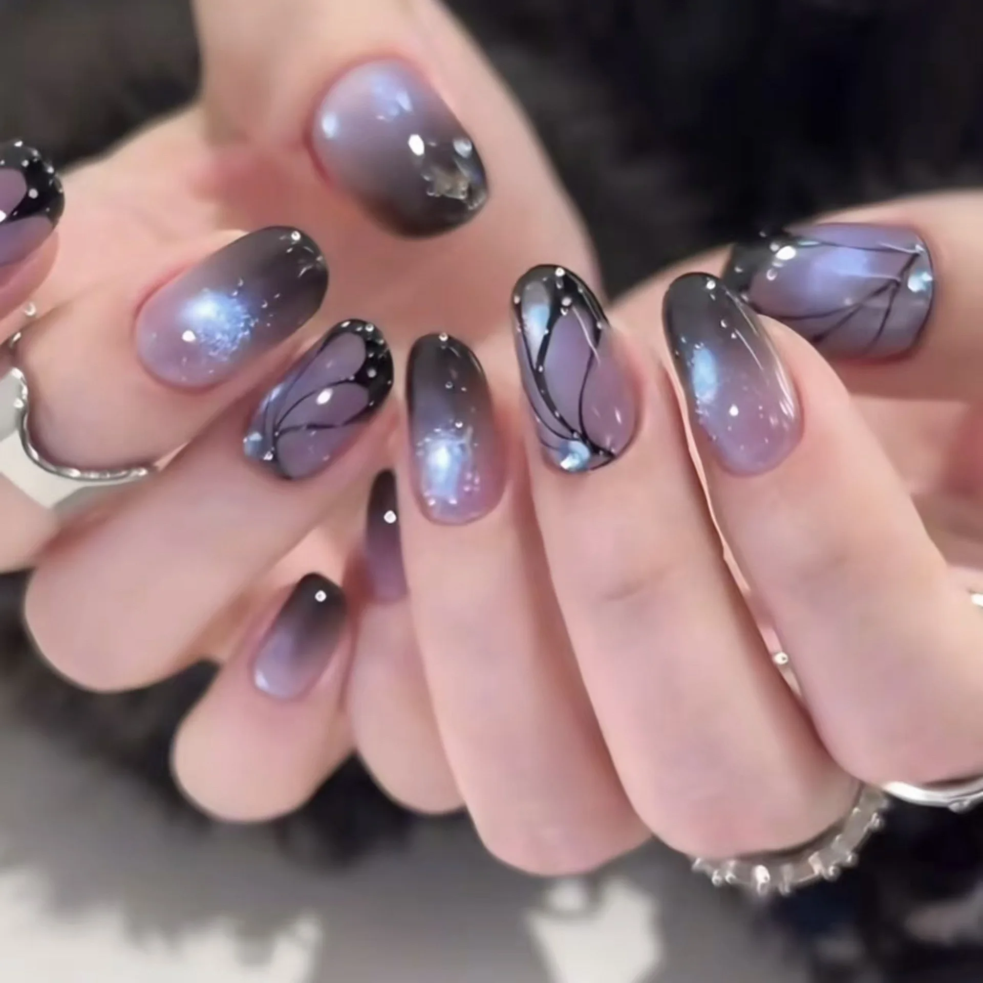 10pcsHandmade Short Oval Press On Nails Shiny Pink Blue Cat Eyes Butterfly French Design Sweet Cool Fake Nails Wearable Nail Art