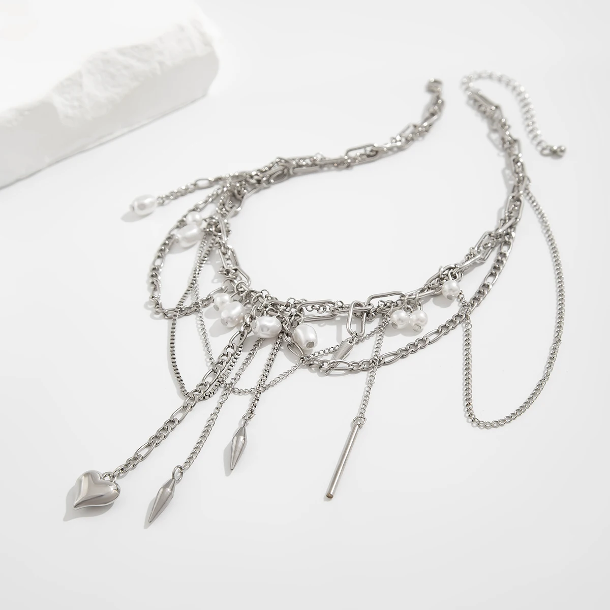 Ingemark Multilayer Tassel Love Heart Pendant Choker Necklace for Women Trend Punk Silver Color Metal Chain Party Jewelry Gift