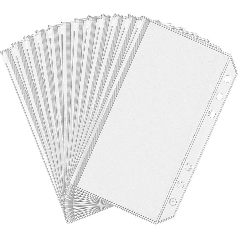 

12pcs A6 Size Binder Pockets 6 Holes Budget Cash Envelopes for Budgeting Clear Zipper Folders Loose Leaf Bags for A6 6Ring Budg