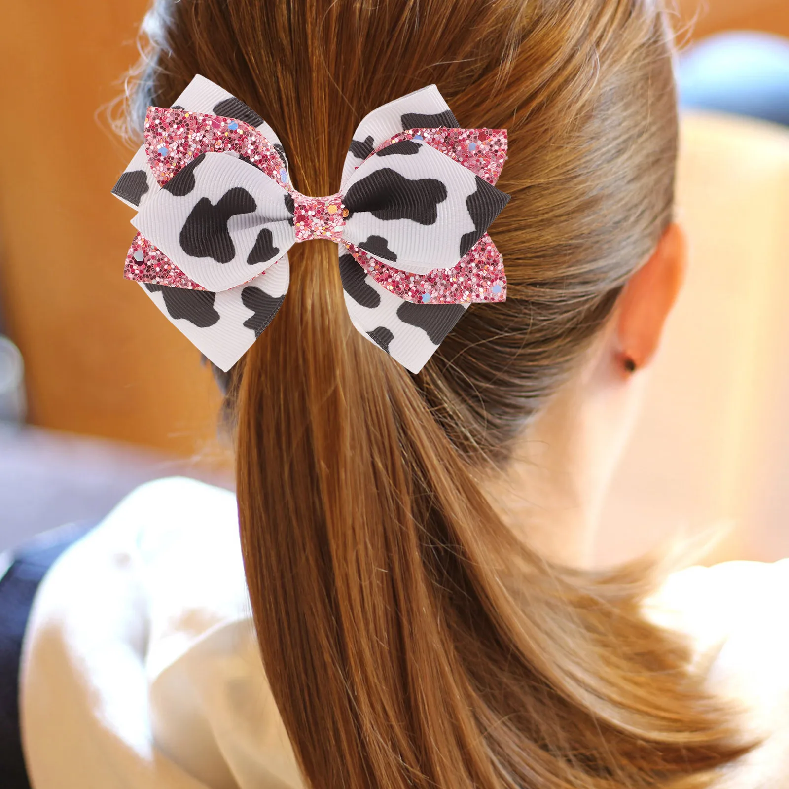 2 قطعة مقاطع الشعر البقرة طباعة أسود أبيض وردي Grosgrain الشريط التمساح كليب لحفلة عيد ميلاد يوميا #4