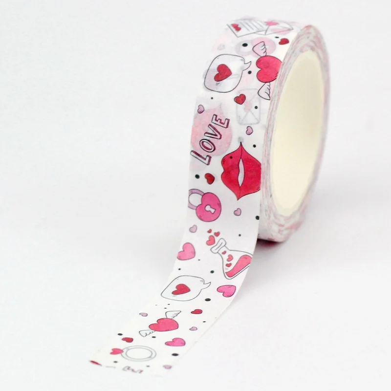 NEW 1PC. Decorative Envelop Pink Hearts Washi Tape Valentine Japanese Scrapbooking Planner Adhesive Masking Tape Stationery